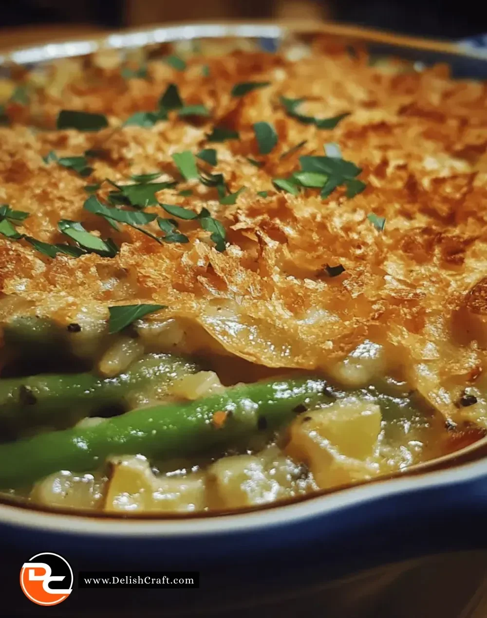Delicious Thanksgiving herb and garlic green bean casserole with crispy topping