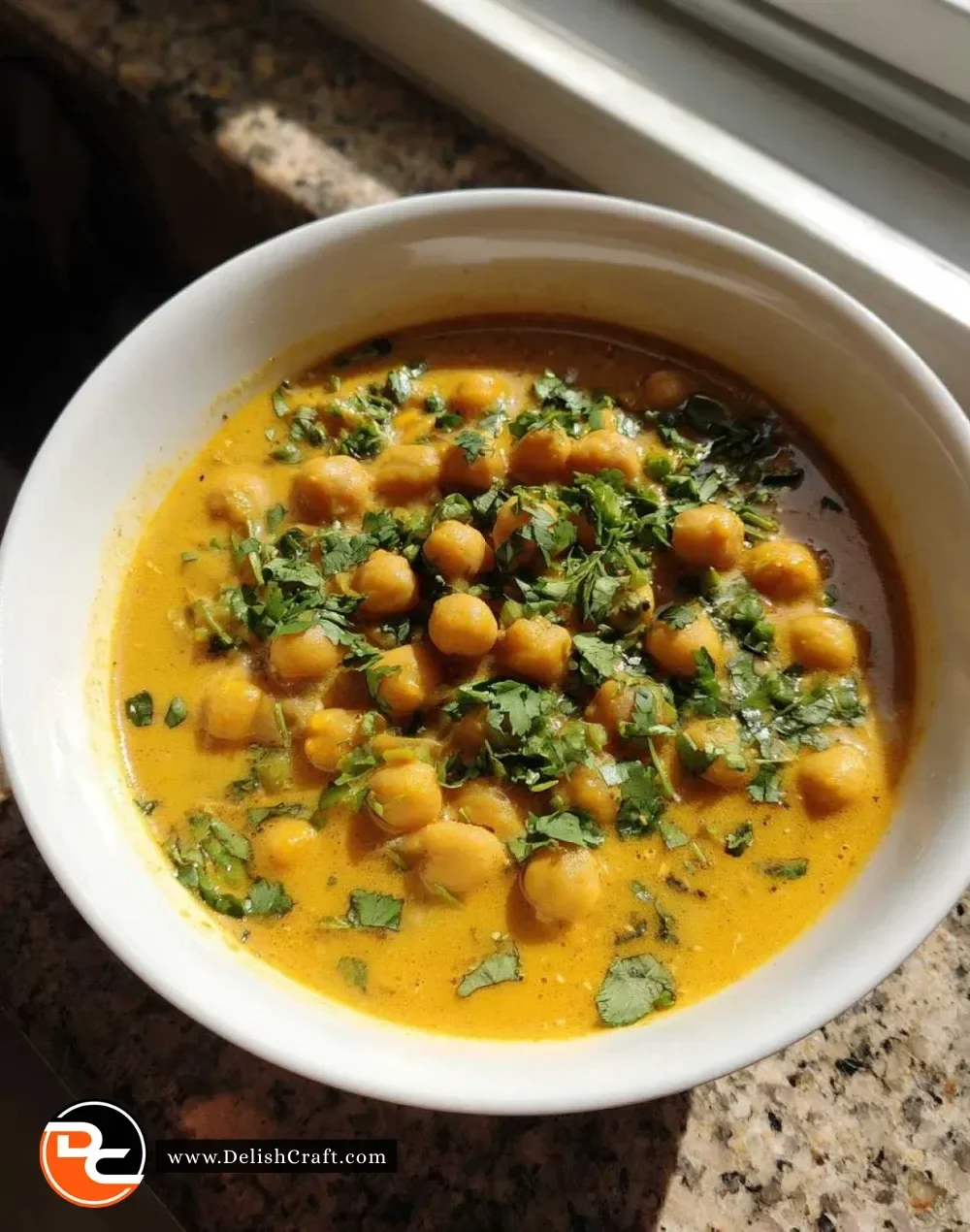 Bowl of quick 15-minute vegan chickpea curry with fresh herbs and spices.