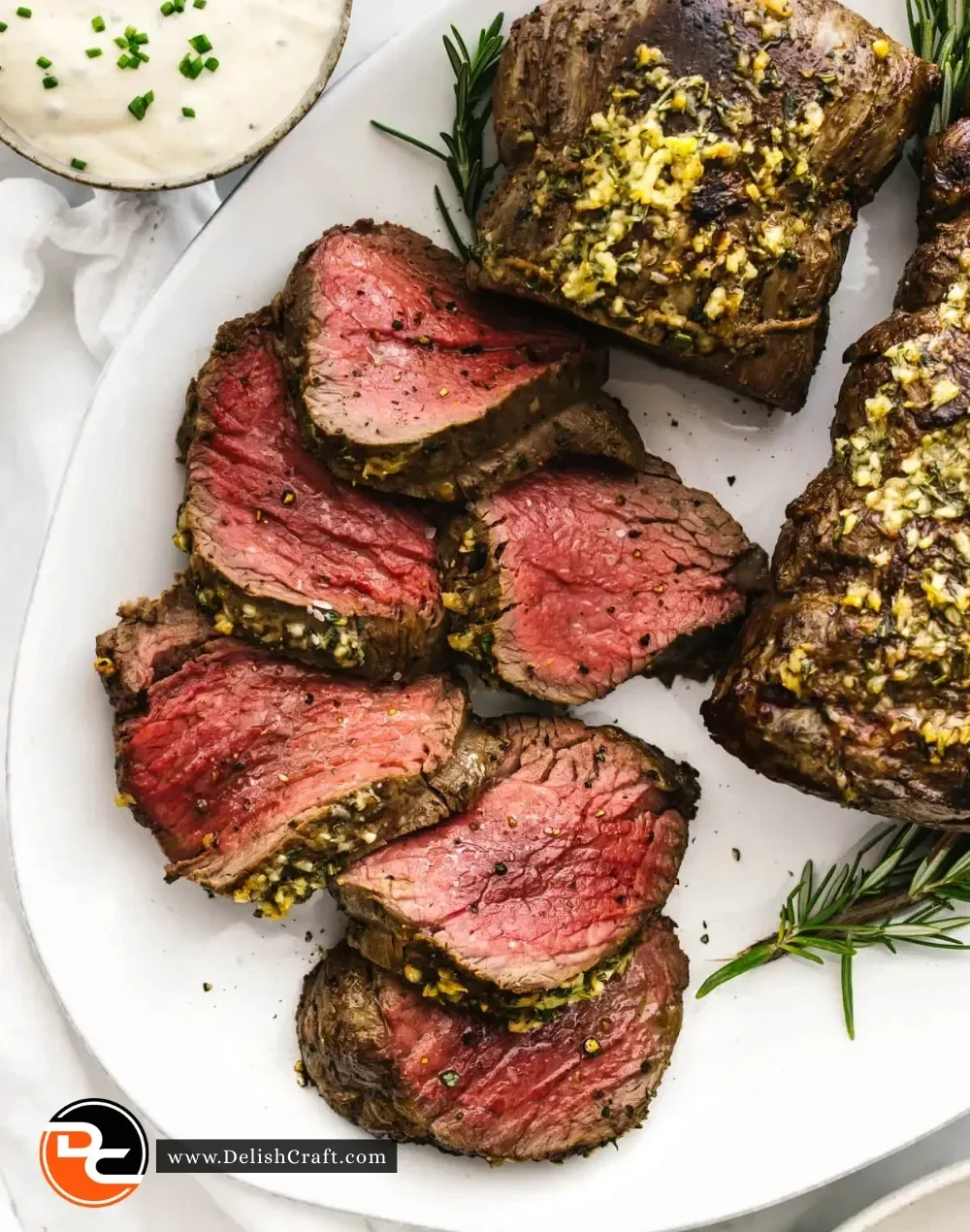Perfectly roasted beef tenderloin, garnished and ready to serve