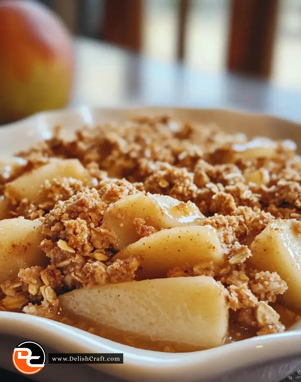 Cozy maple pear oat crumble ready to serve in a rustic bowl.