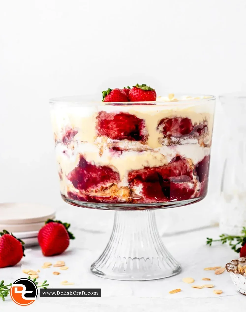 Delicious English trifle with layers of fruit, sponge cake, and custard.