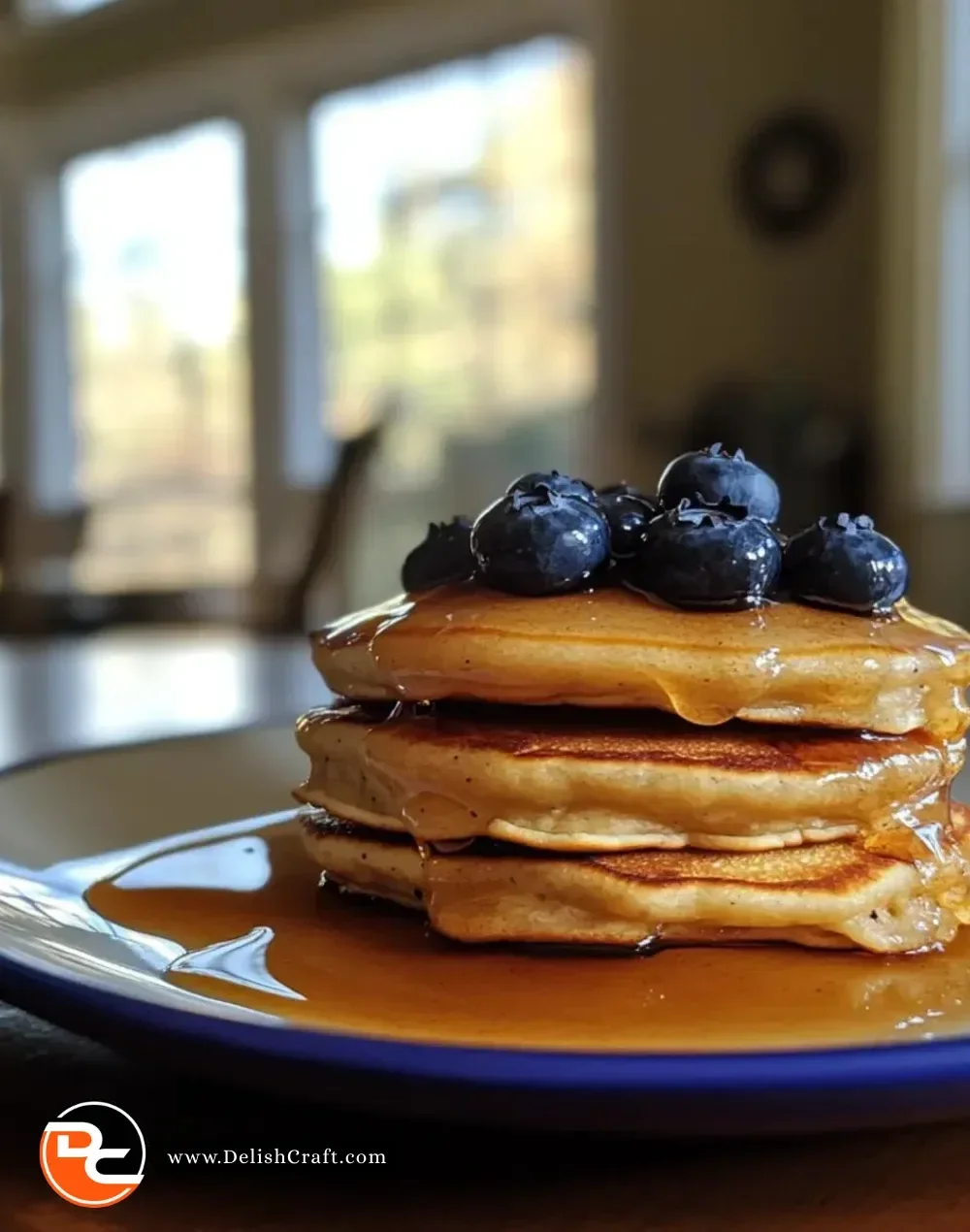 Delicious gluten-free blueberry pancakes topped with fresh berries and syrup