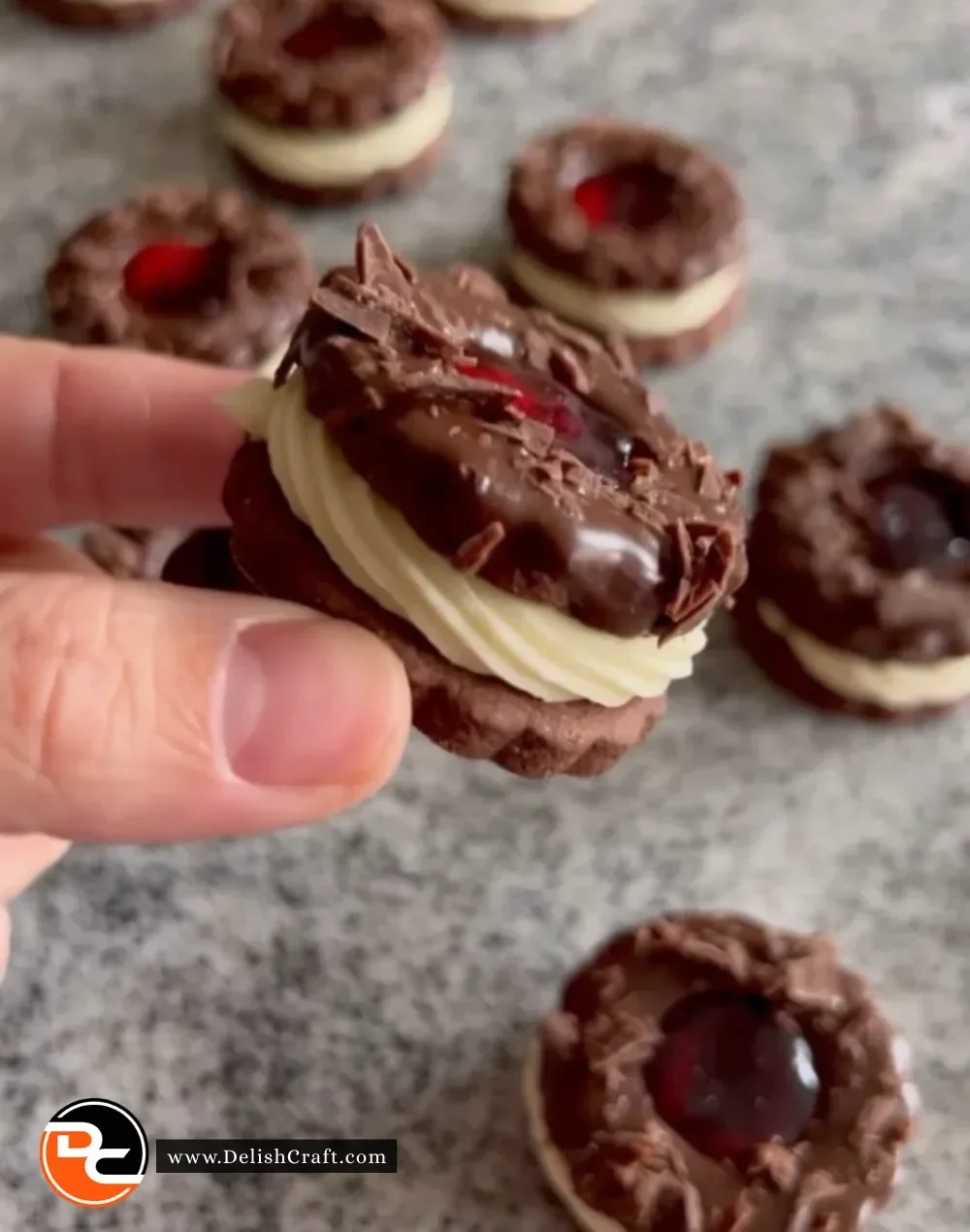 Delicious Black Forest Cookies topped with cherries and chocolate