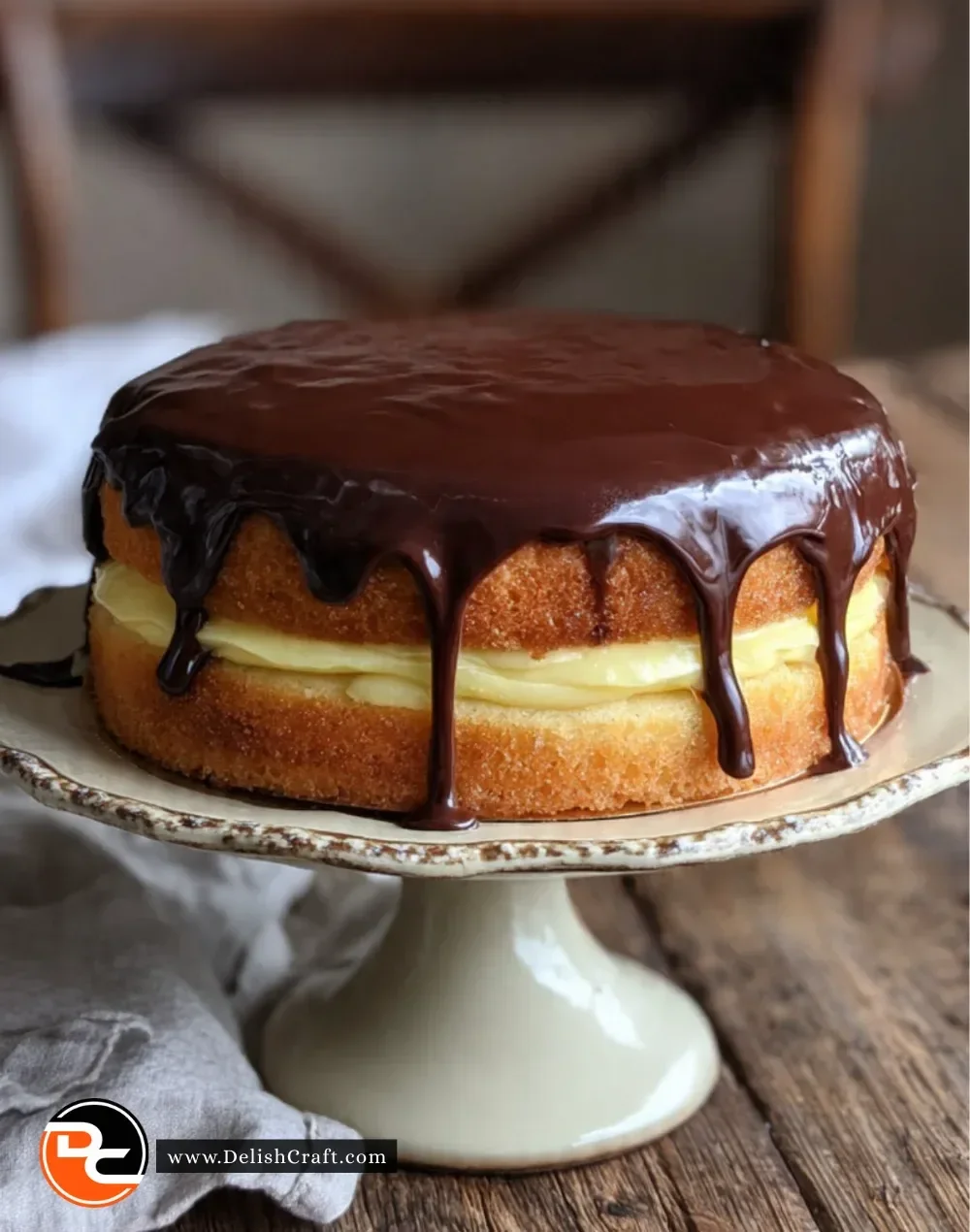 A delicious slice of traditional Boston Cream Pie with chocolate glaze and cream filling.
