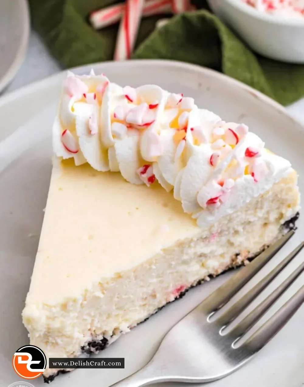 Candy Cane Crushed Cheesecake topped with crushed candy canes for a festive touch.