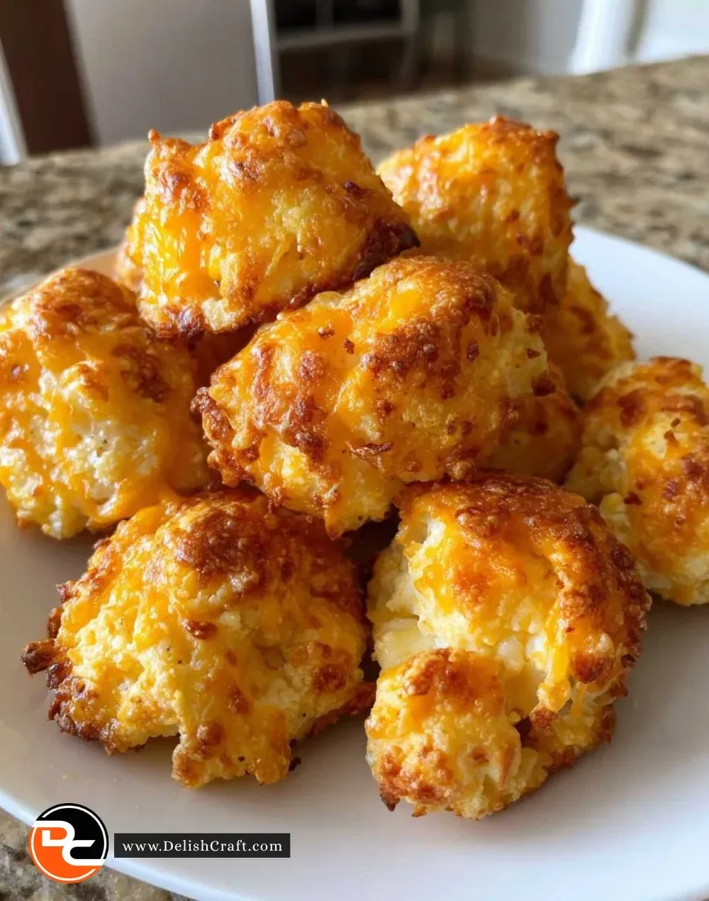 Cheddar cauliflower bites on a plate, crispy and cheesy snack.