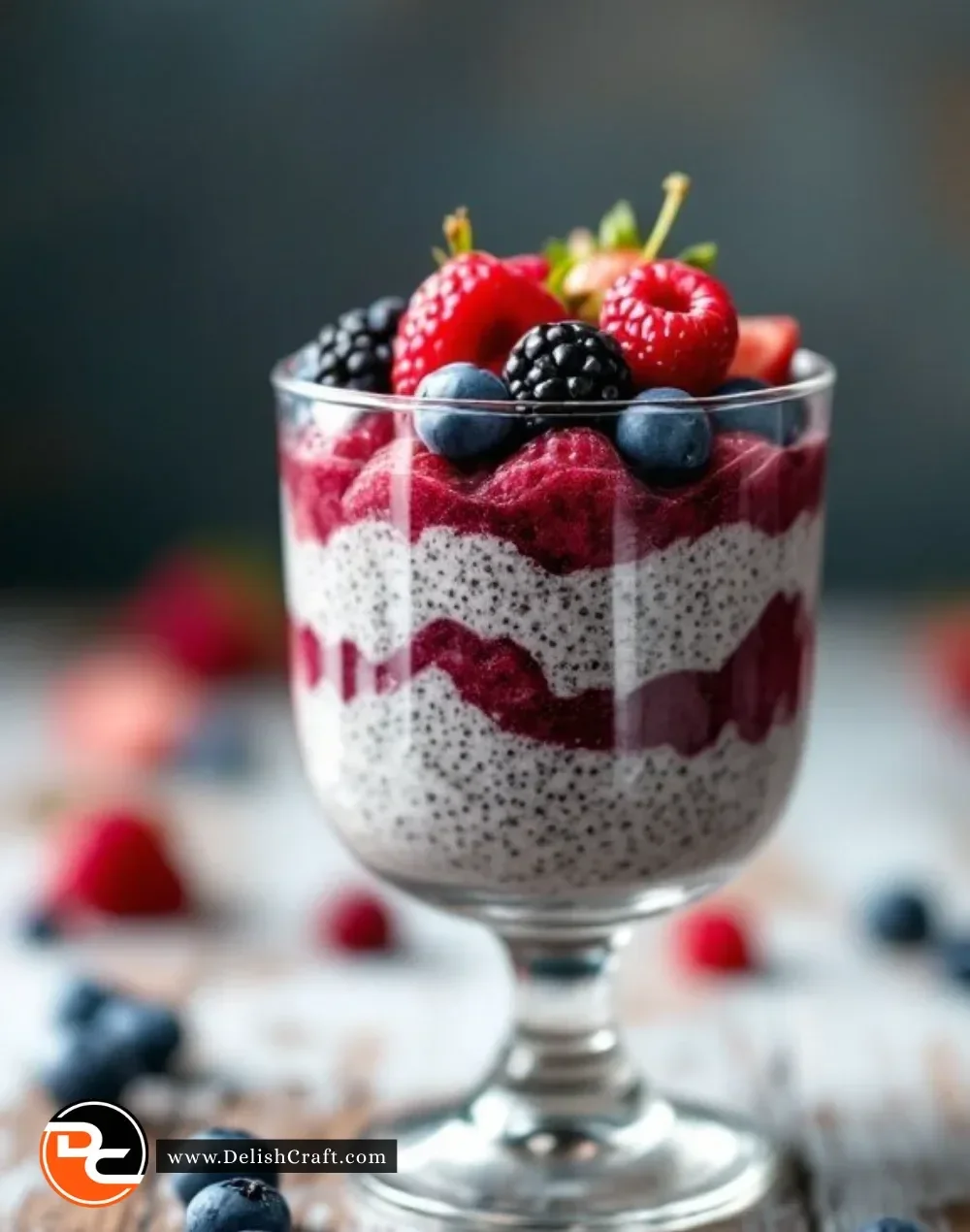 Delicious chia seed pudding topped with fresh berries in a clear bowl