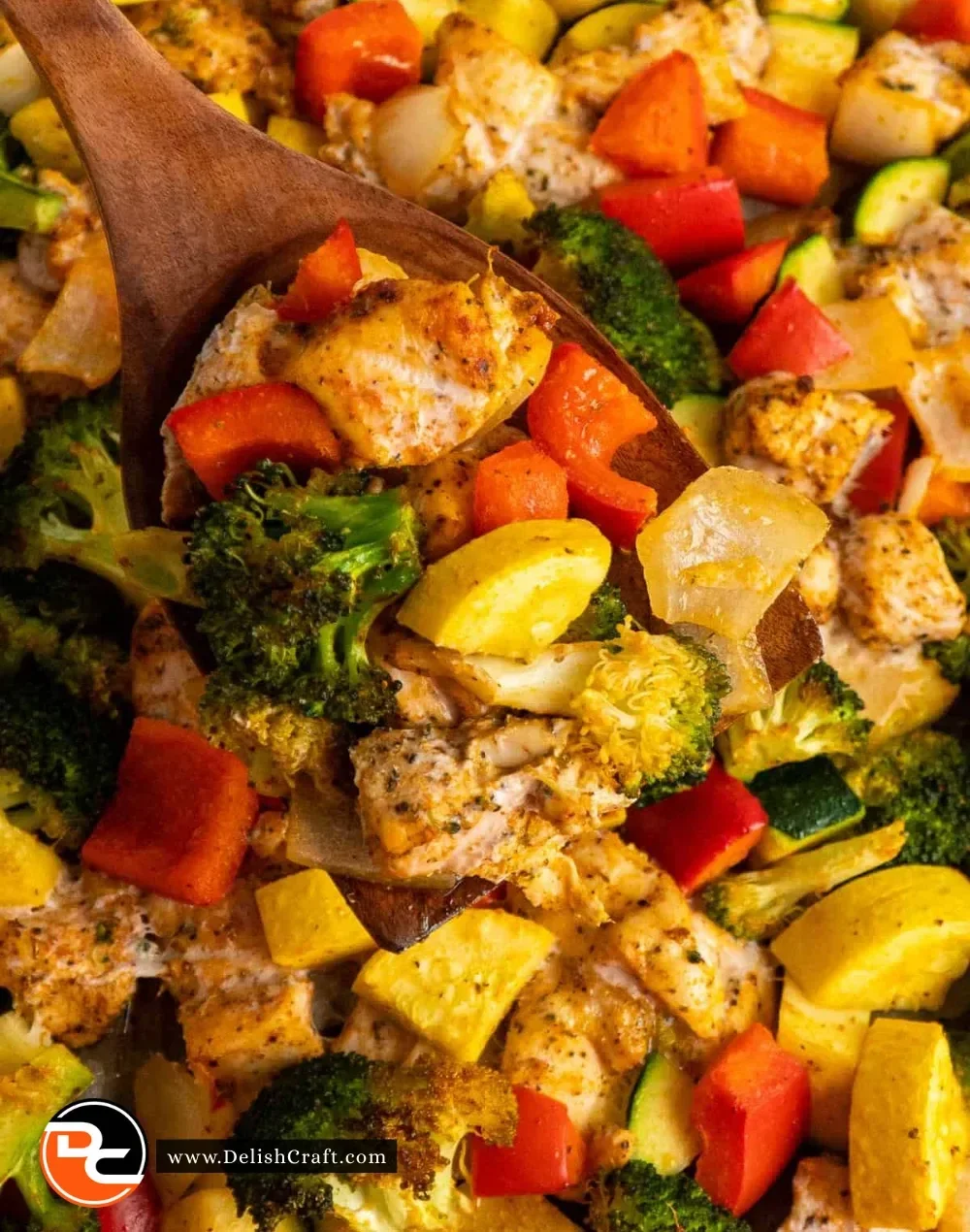 Chicken and veggie sheet pan meal ready to serve with vibrant colors
