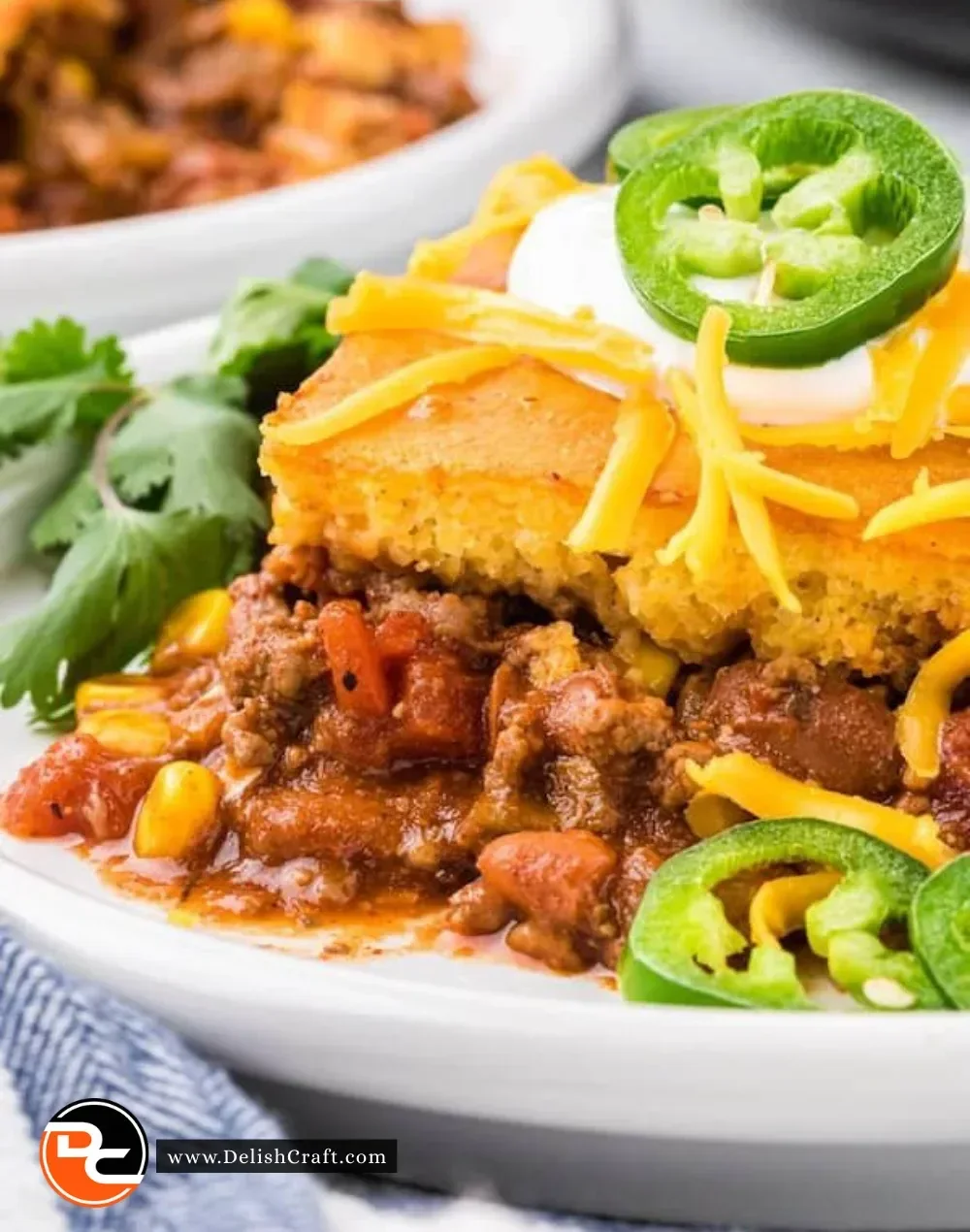 A delicious Chili Cornbread Casserole topped with golden cornbread crust.