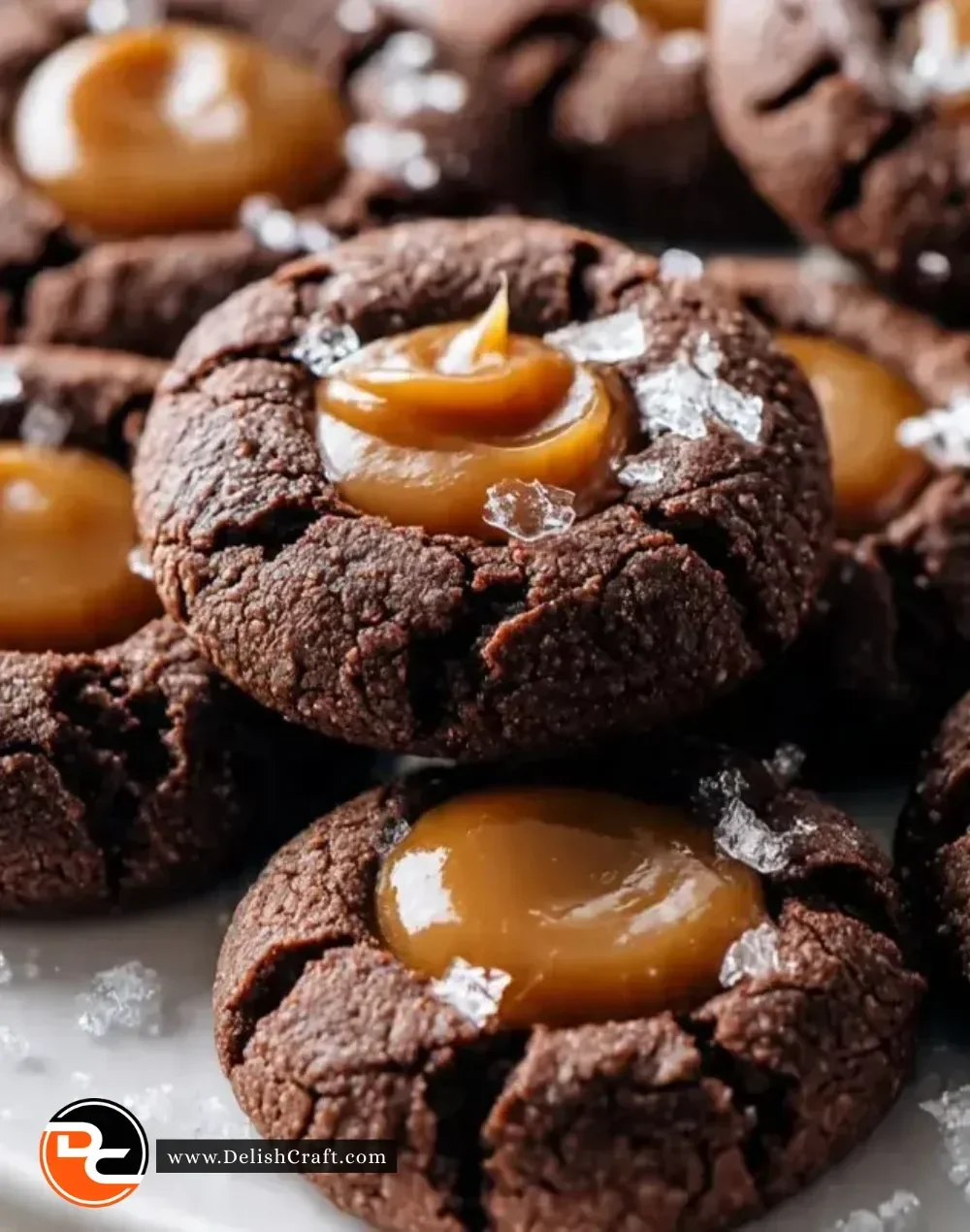Delicious chocolate caramel thumbprint cookies ready to be enjoyed.