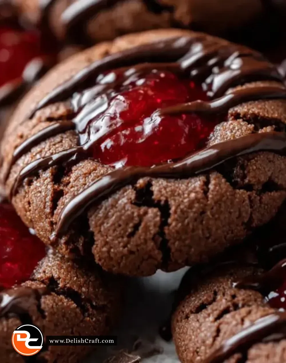 Chocolate cherry thumbprint cookies on a baking tray.