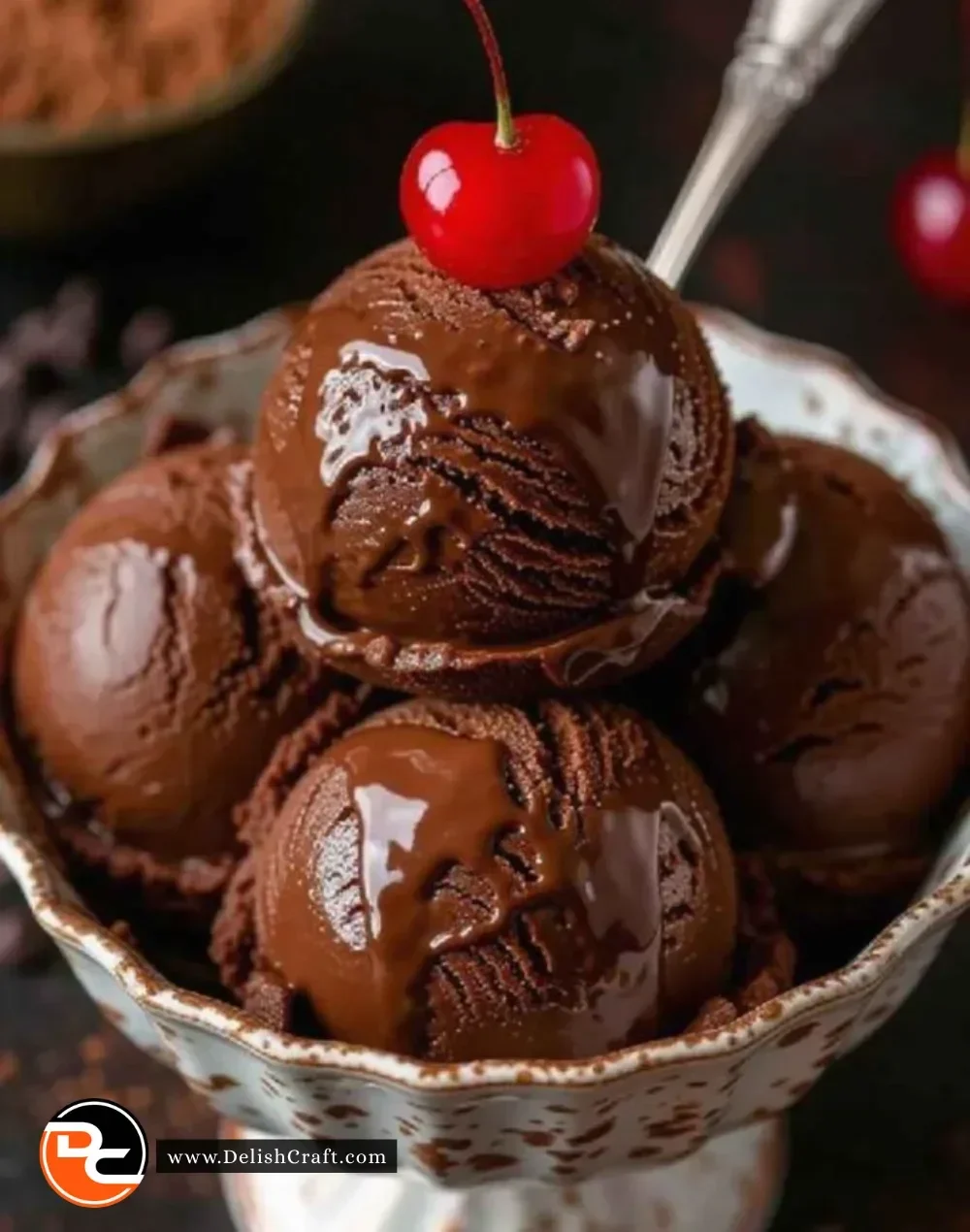 Delicious chocolate fudge ice cream topped with chocolate sauce and nuts