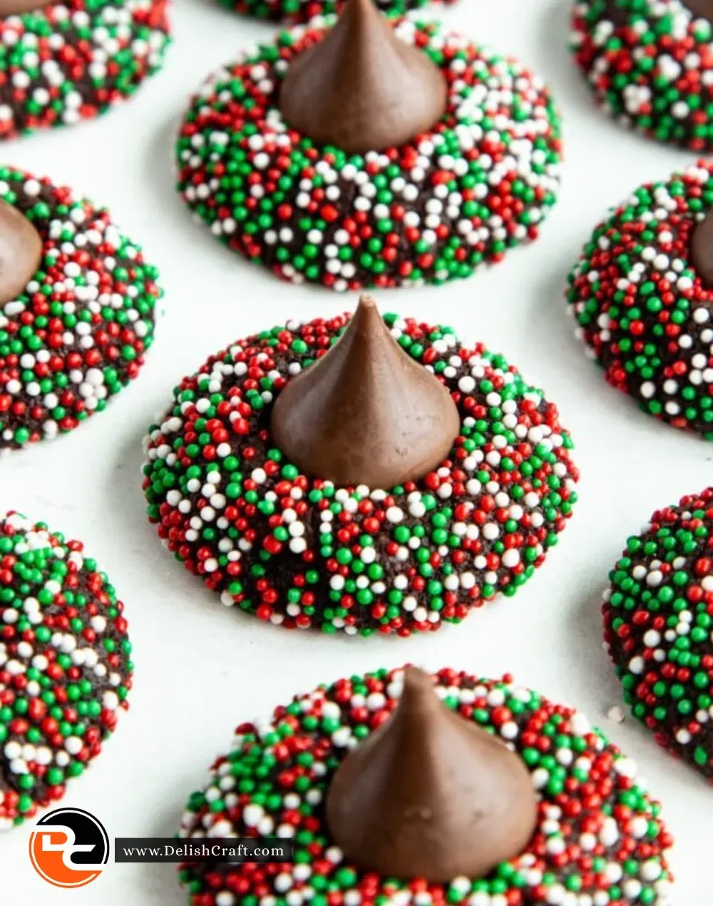 Plate of freshly baked Chocolate Kiss Cookies topped with chocolate kisses.