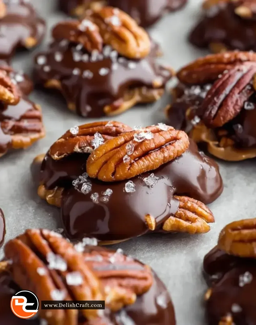Delicious chocolate pecan turtle clusters with caramel and nuts