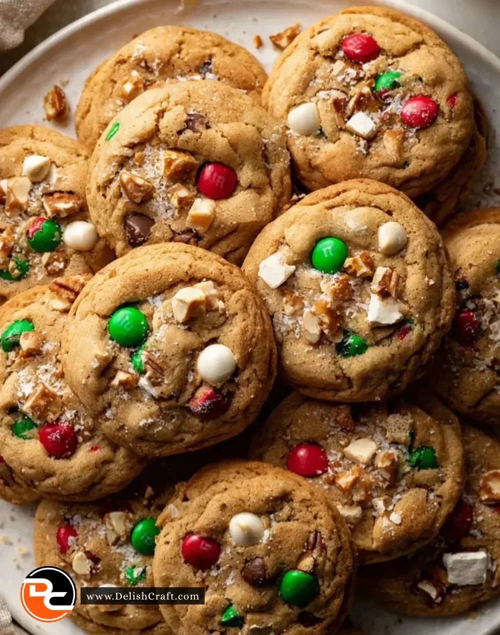 Tray of colorful Christmas Kitchen Sink Cookies with festive decorations.