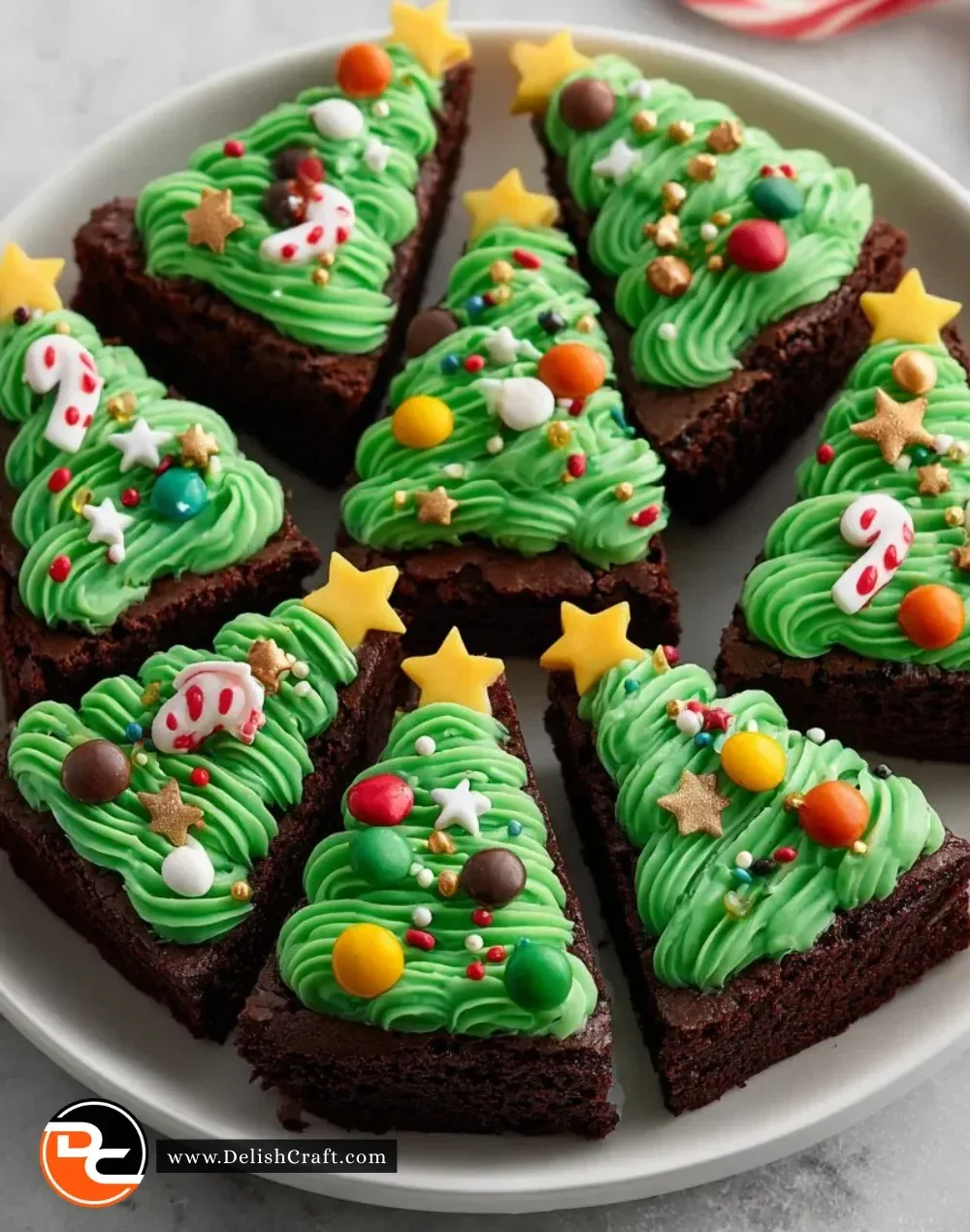 Festively decorated Christmas Tree Brownie Bites ready for the holiday season