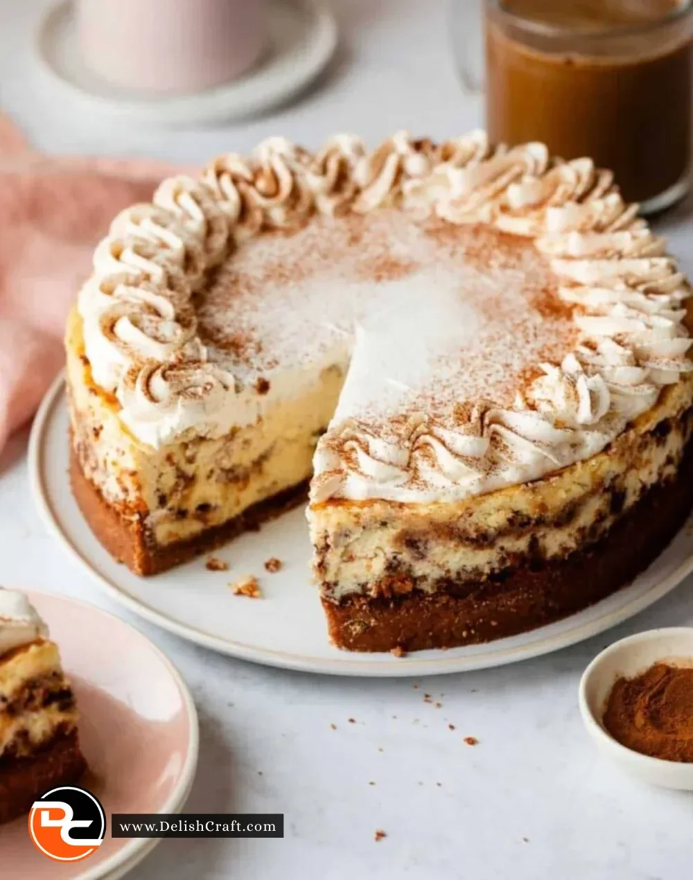 Delicious Cinnamon Swirl Cheesecake with a creamy topping and cinnamon swirls