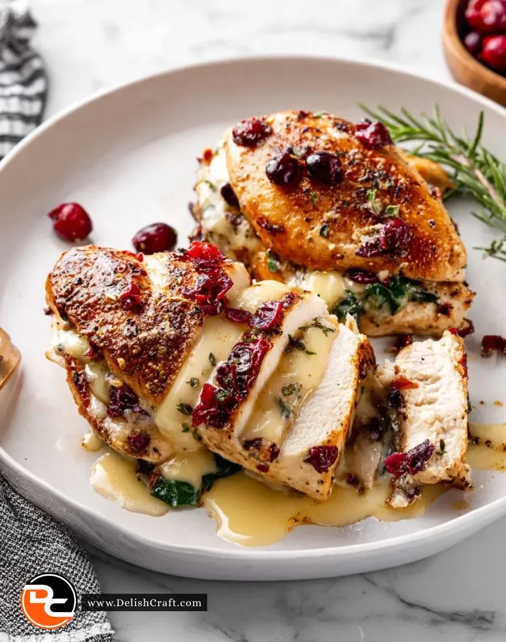 Cranberry brie stuffed chicken breasts served on a white plate