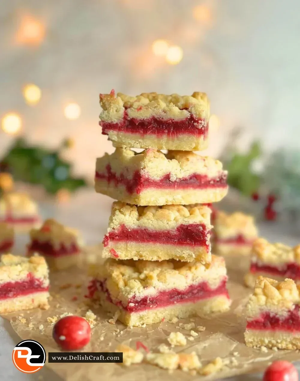Delicious cranberry crumble bars on a plate with fresh cranberries surrounding them