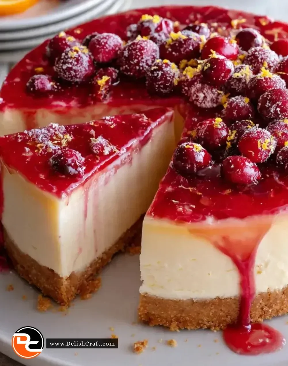 Slice of cranberry orange cheesecake on a plate with garnishes