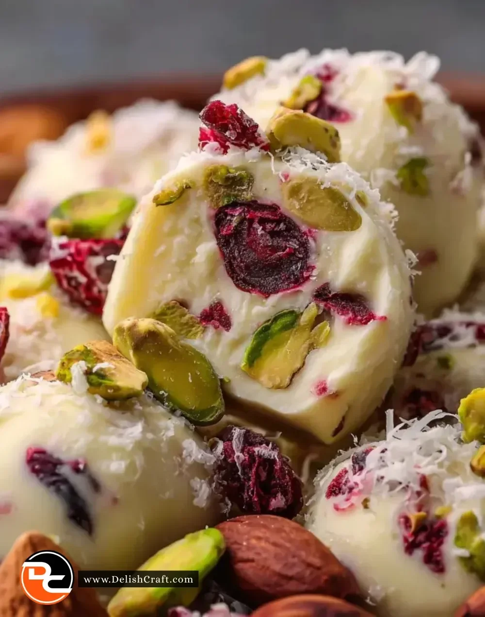 Cranberry Pistachio White Chocolate Bark garnished with nuts and dried fruits