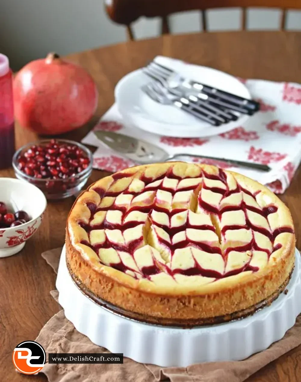 Cranberry-pomegranate swirled white chocolate cheesecake slice.