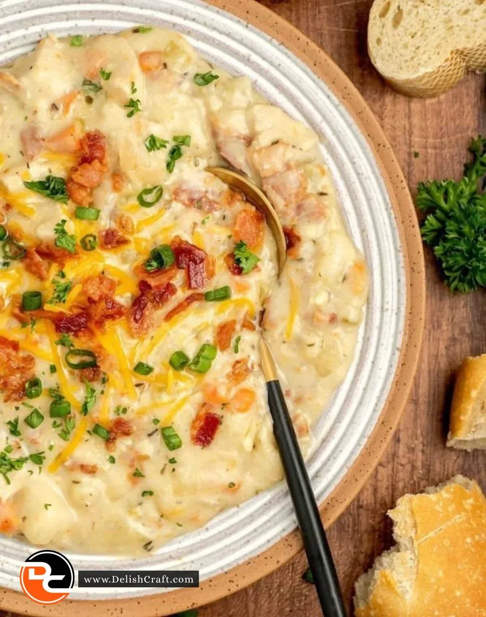 Creamy chicken and potato soup in a bowl garnished with herbs