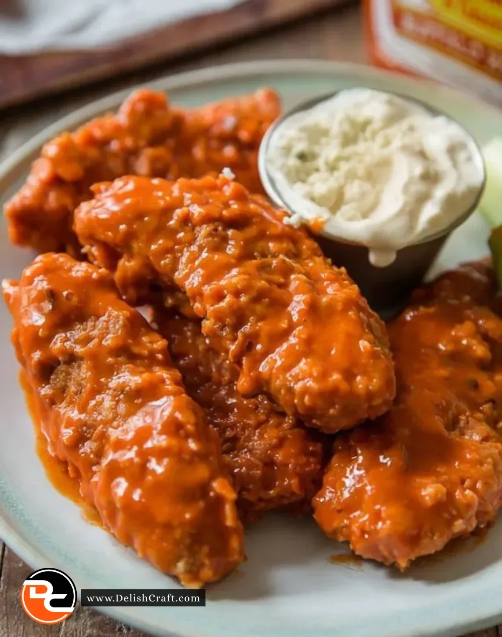 Crispy baked buffalo chicken fingers served with dipping sauce