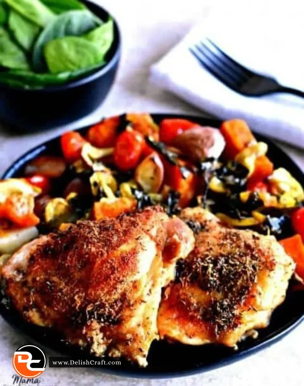 Crispy chicken thighs served with vegetables in a one pot meal