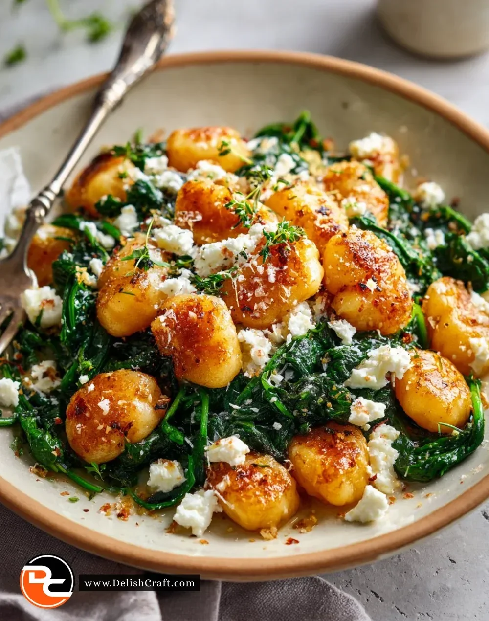 Plate of crispy gnocchi with spinach and feta cheese