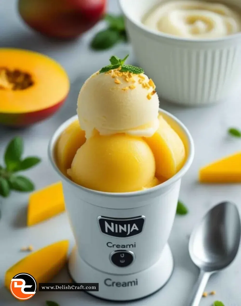Dairy-free mango sorbet in a bowl with fresh mango slices