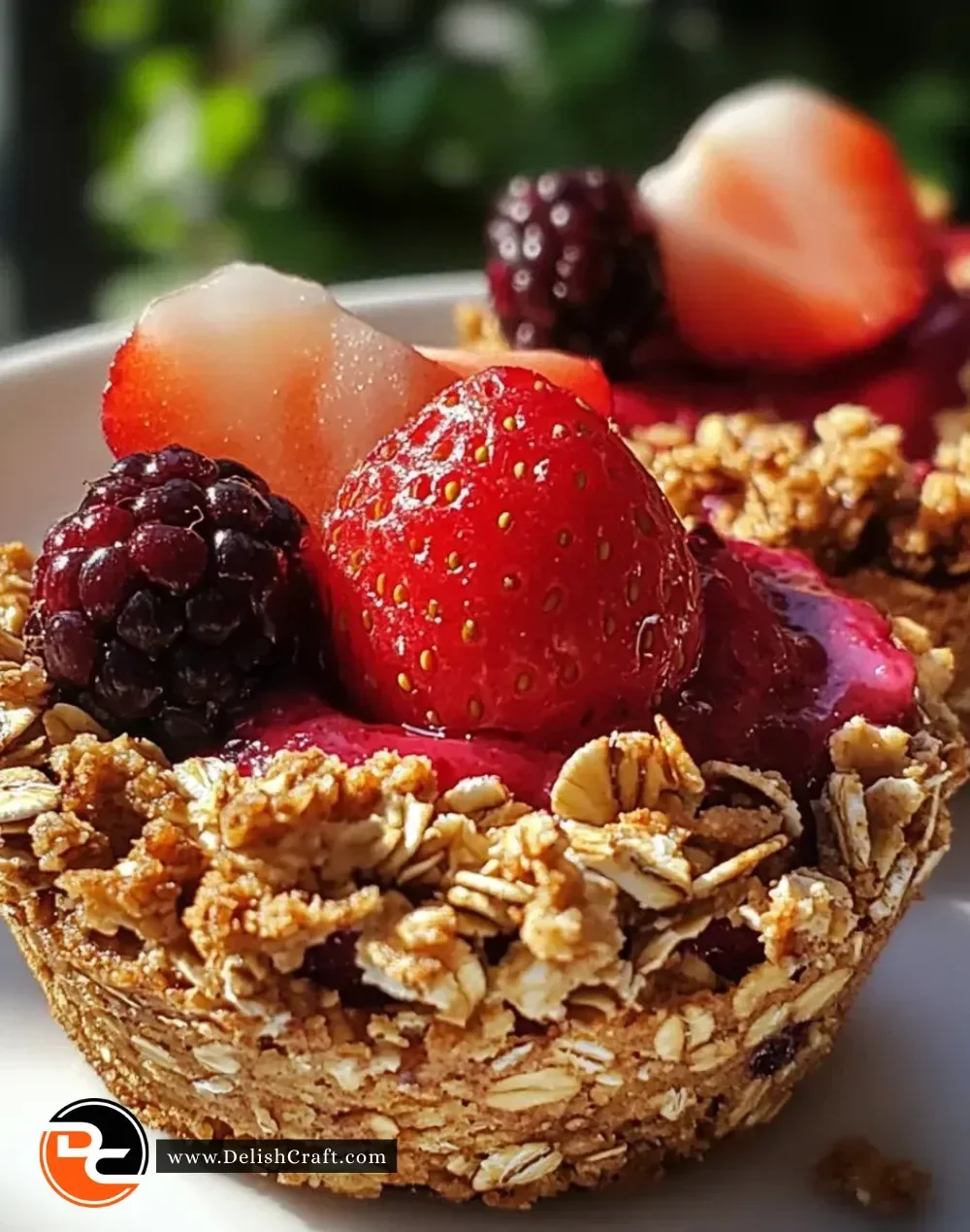 Easy berry oat crumble cups served in a baking dish with berry topping and oat crumble.
