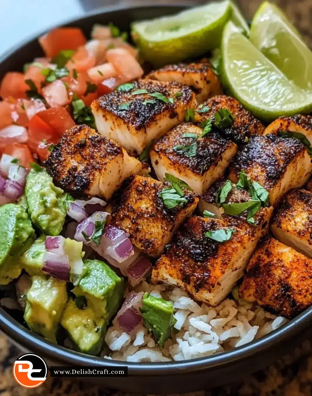 Delicious blackened fish taco bowls topped with fresh ingredients