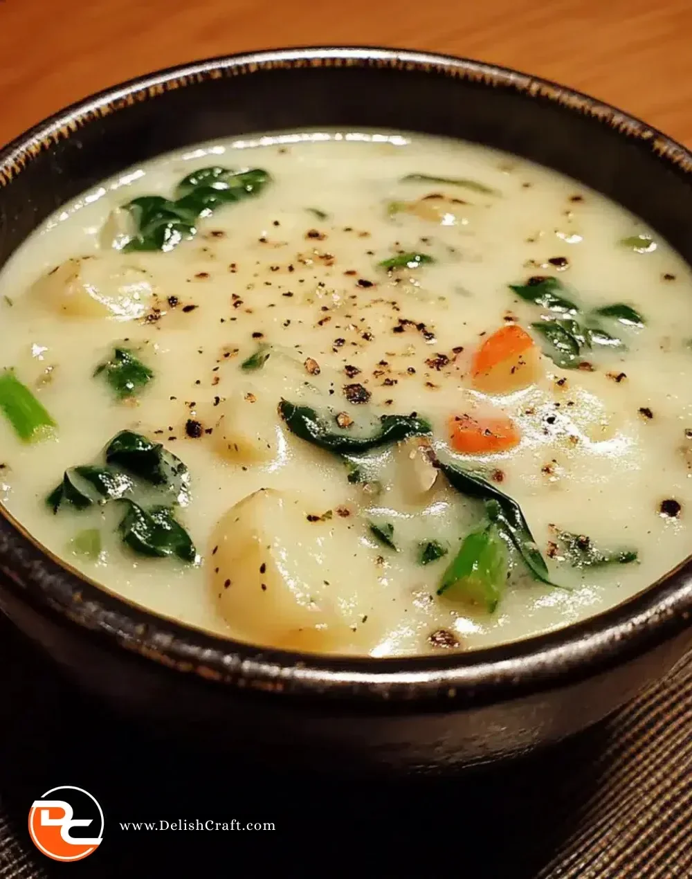 Creamy potato spinach soup served in a bowl with a sprinkle of herbs