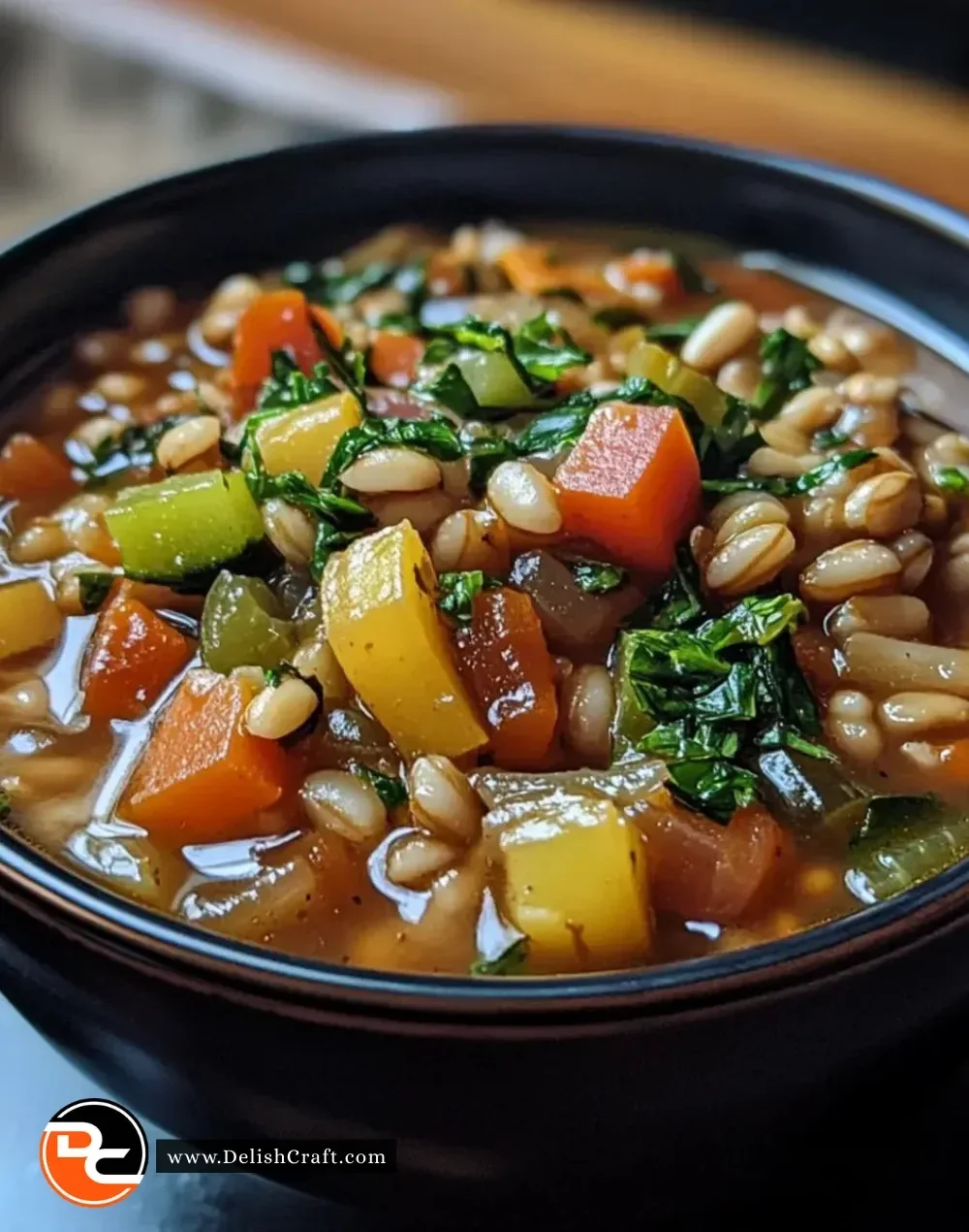Bowl of hearty Crockpot Veggie Barley Stew with fresh vegetables
