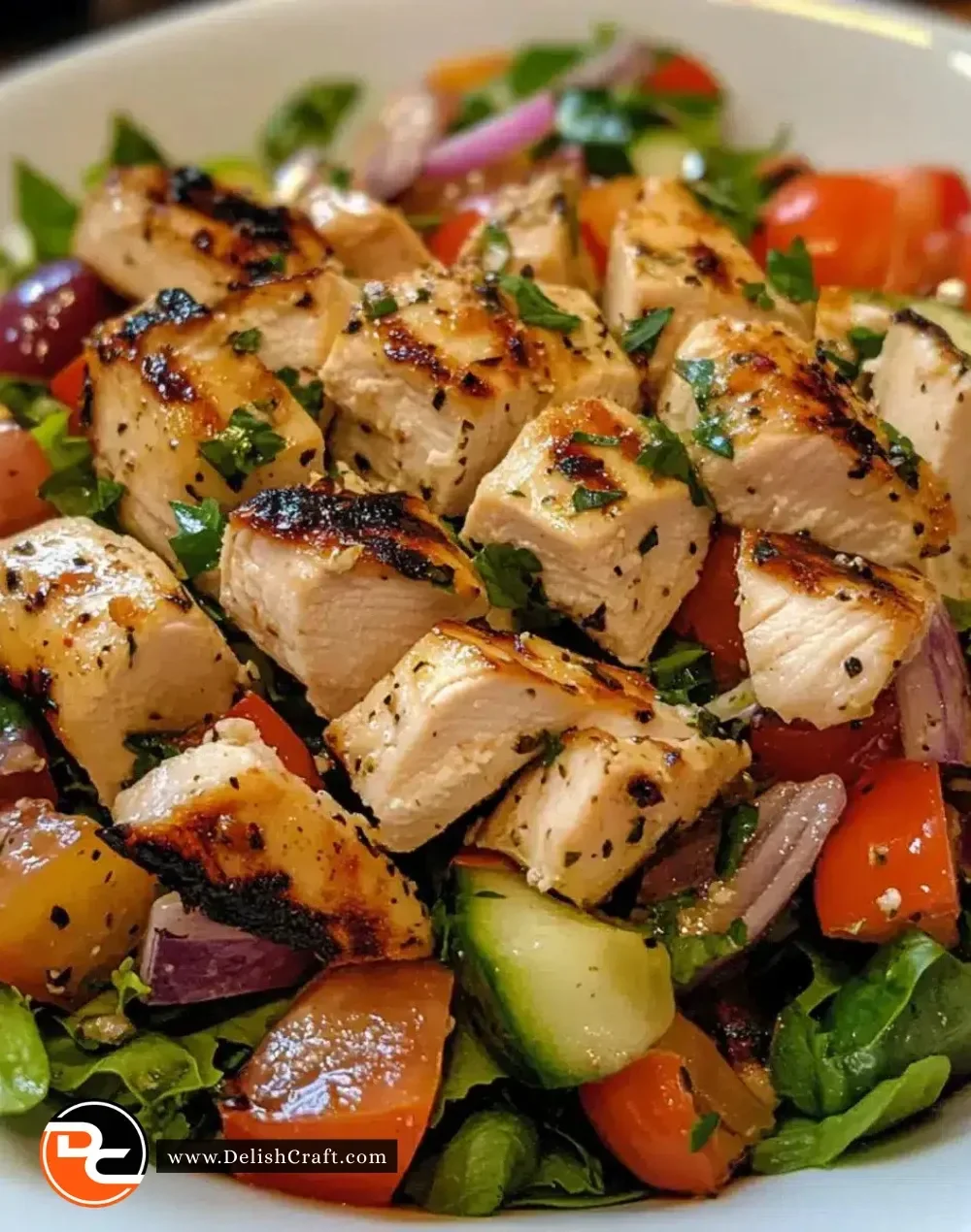 Easy Greek Salad with Grilled Chicken featuring fresh vegetables and a vibrant dressing