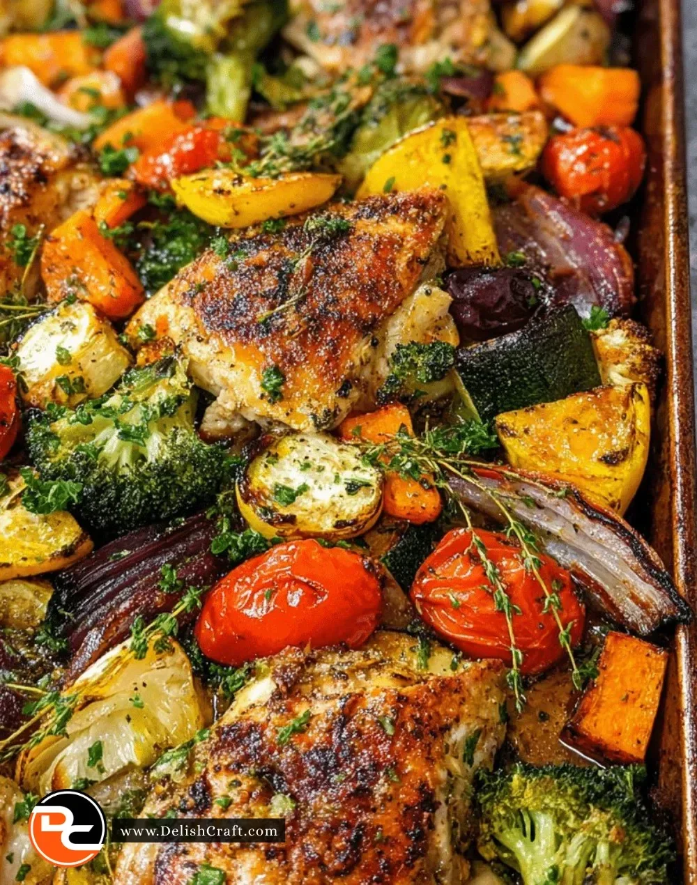 Easy sheet pan chicken and vegetables cooked on a baking sheet