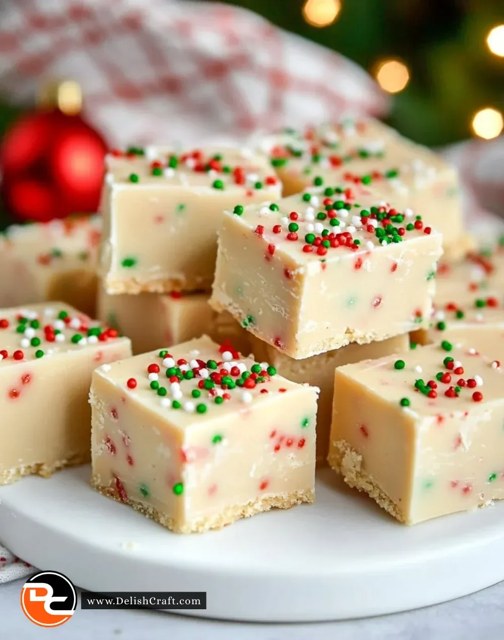 Delicious Easy Sugar Cookie Christmas Fudge with colorful sprinkles and festive packaging.