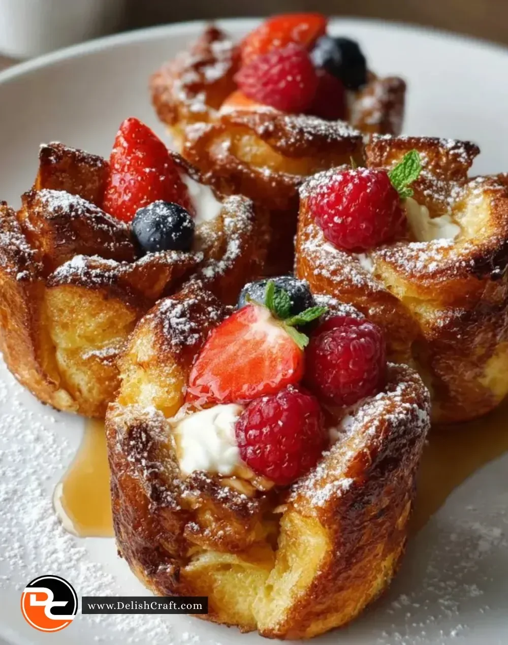 Delicious French Toast Cups served on a plate with syrup and berries