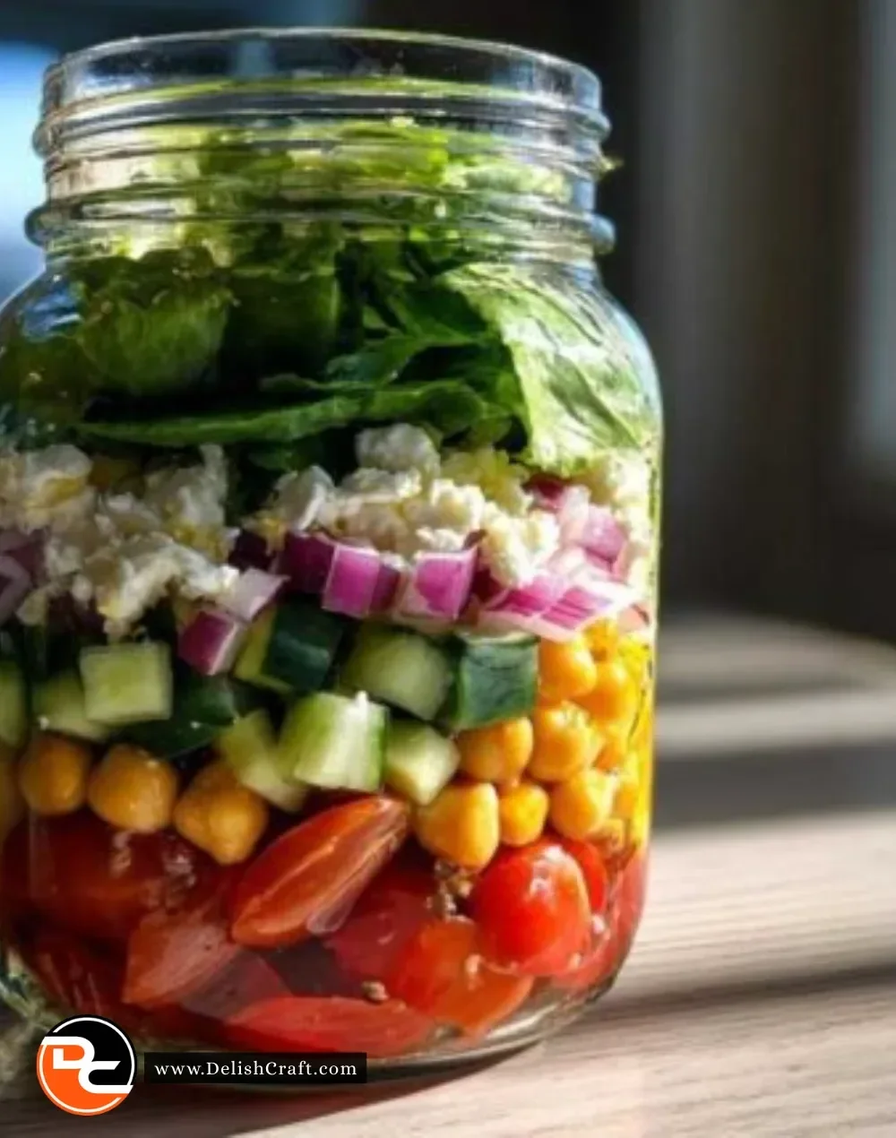 Colorful Greek Mason Jar Salad with veggies, feta, and olives layered for freshness.