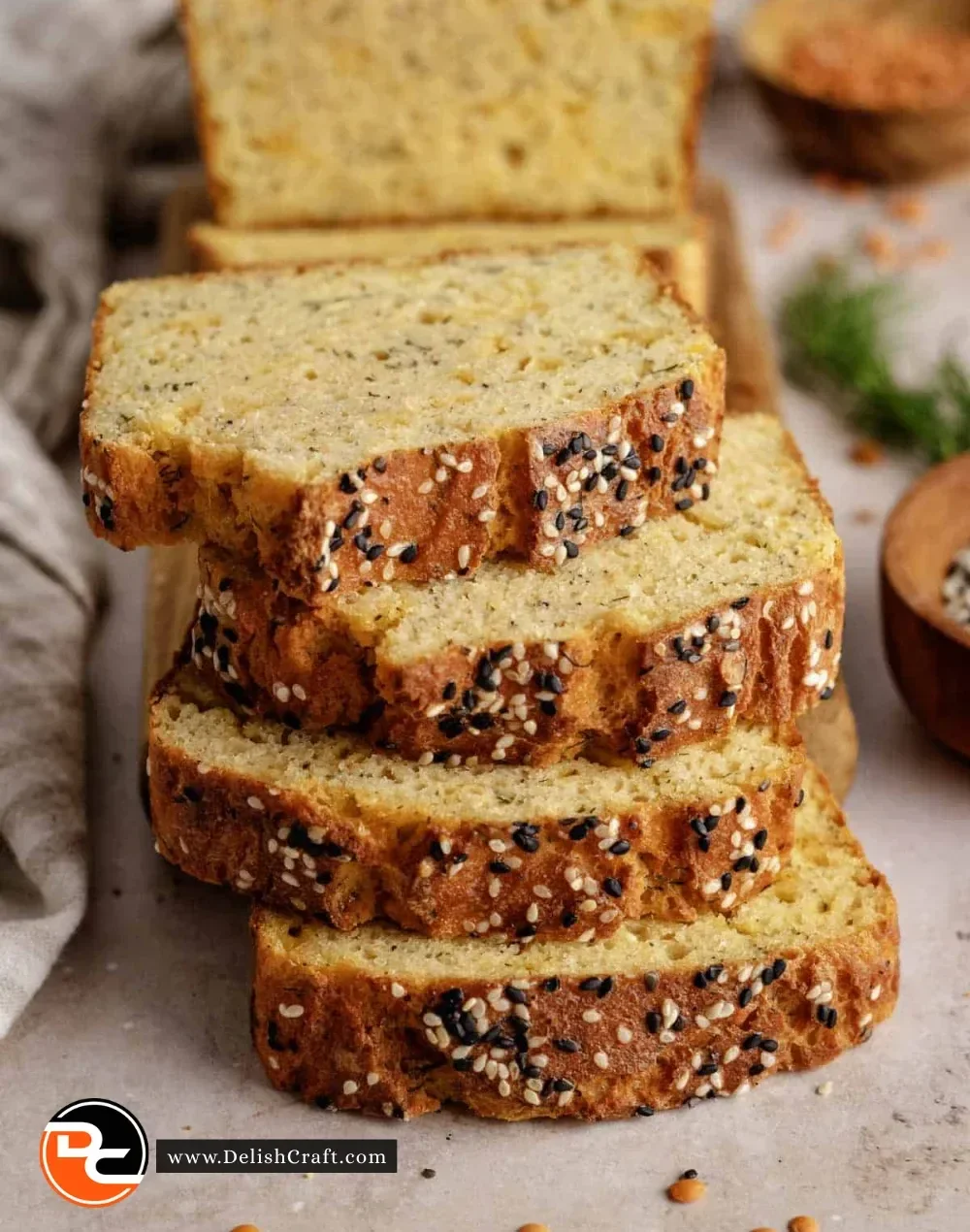 Healthy flourless lentil bread freshly baked on a wooden table