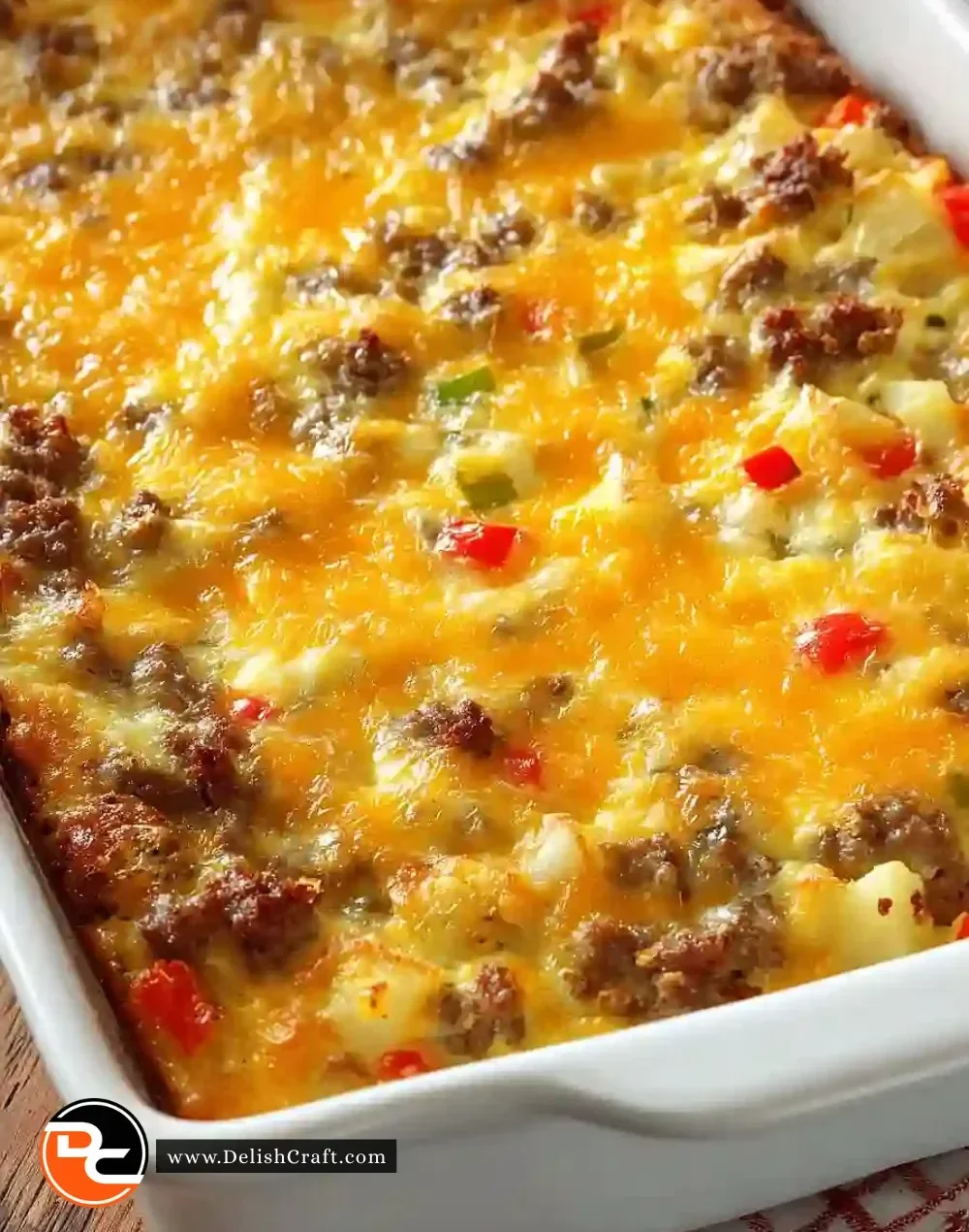 Delicious homemade breakfast casserole with eggs, cheese, and vegetables