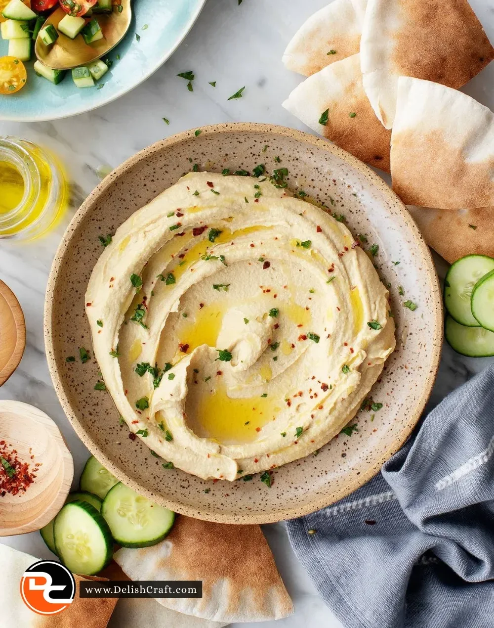 A bowl of creamy hummus with fresh vegetables and pita bread for dipping