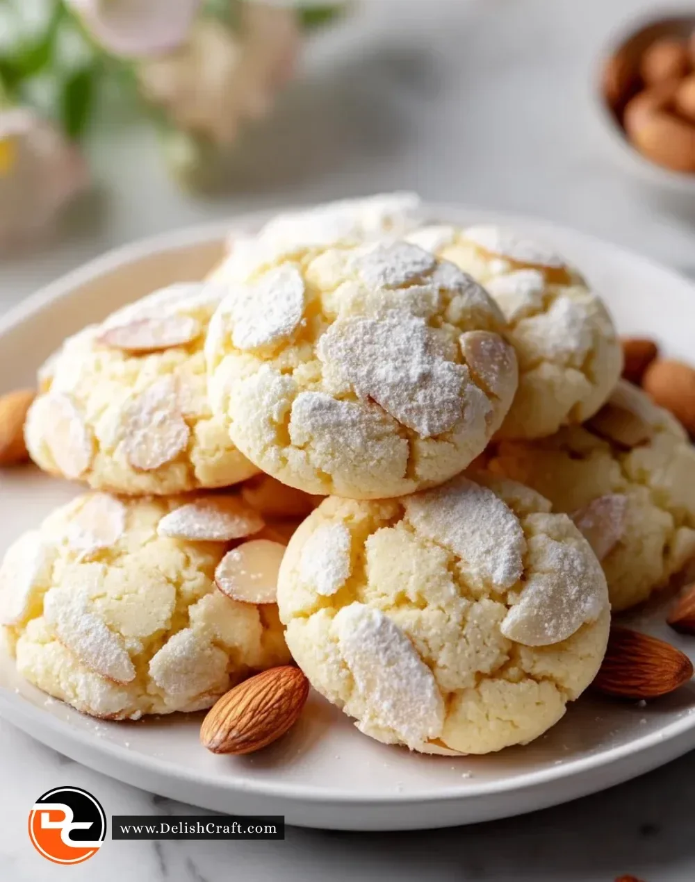 Italian Almond Ricotta Cookies on a plate, showcasing their soft texture and almond topping.