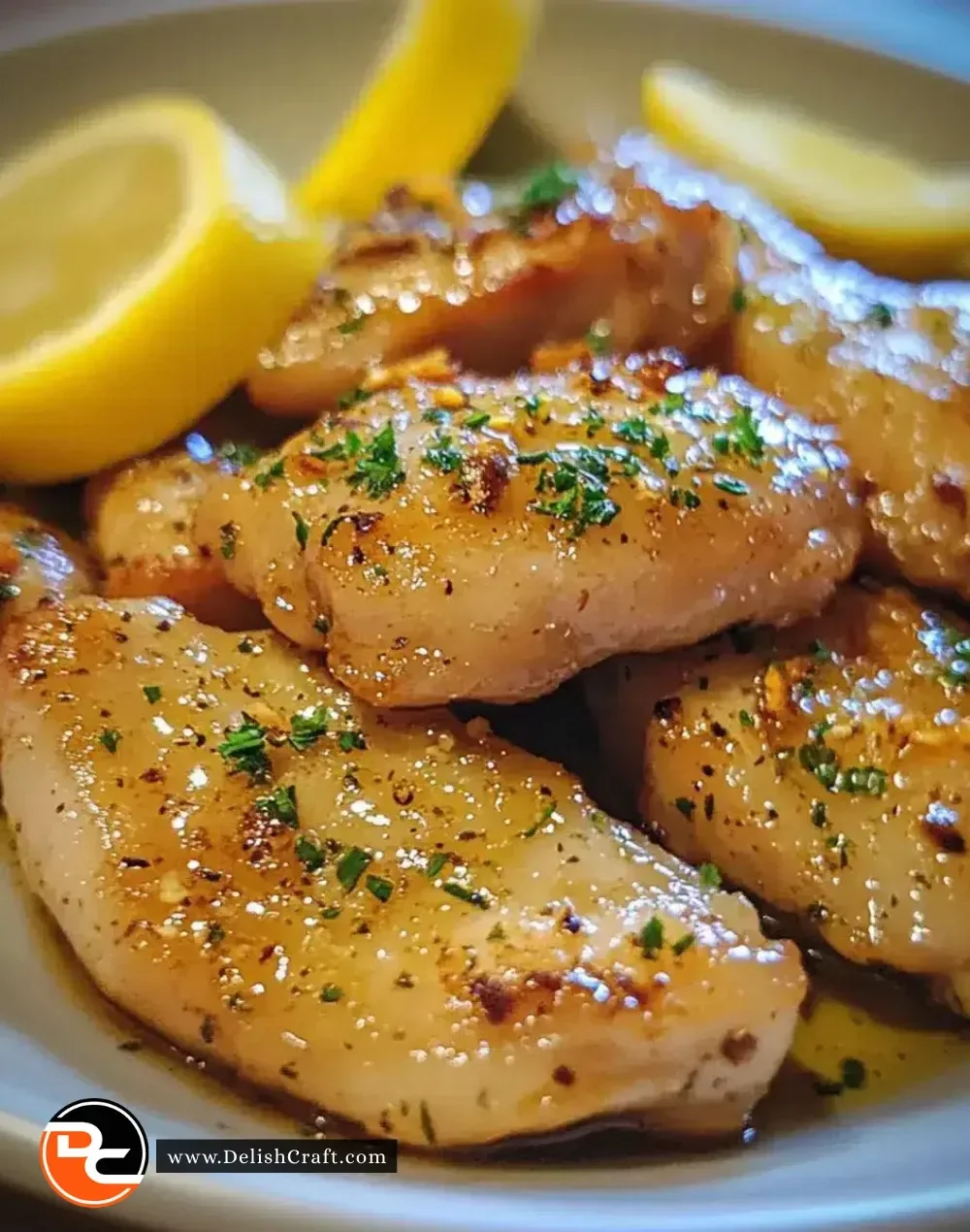 Plate of juicy lemon garlic chicken thigh strips garnished with herbs