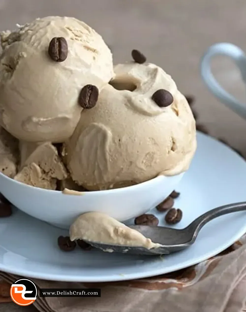 Delicious Keto Coffee Ice Cream in a bowl with coffee beans and chocolate