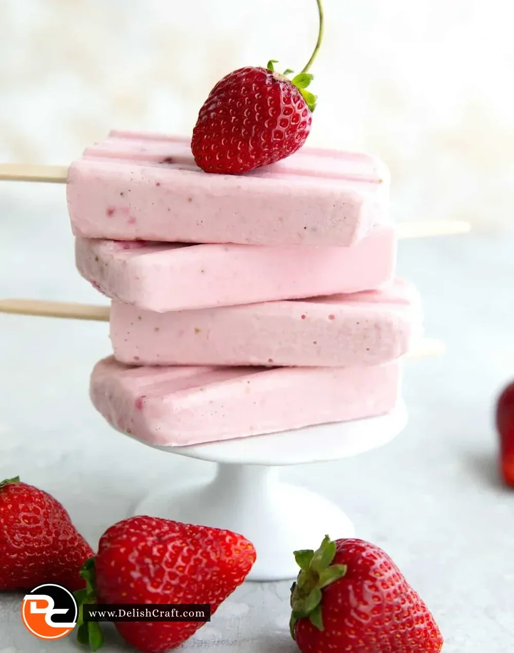 Keto Strawberry Cheesecake Popsicles served on a wooden stick