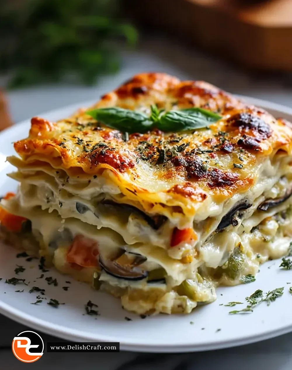 Loaded Veggie White Lasagna with layers of vegetables and creamy sauce