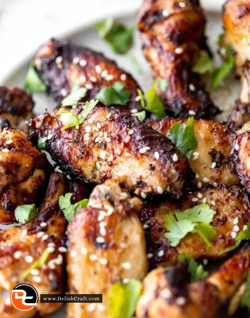 Crispy Miso Garlic Chicken Wings garnished with herbs and sesame seeds.
