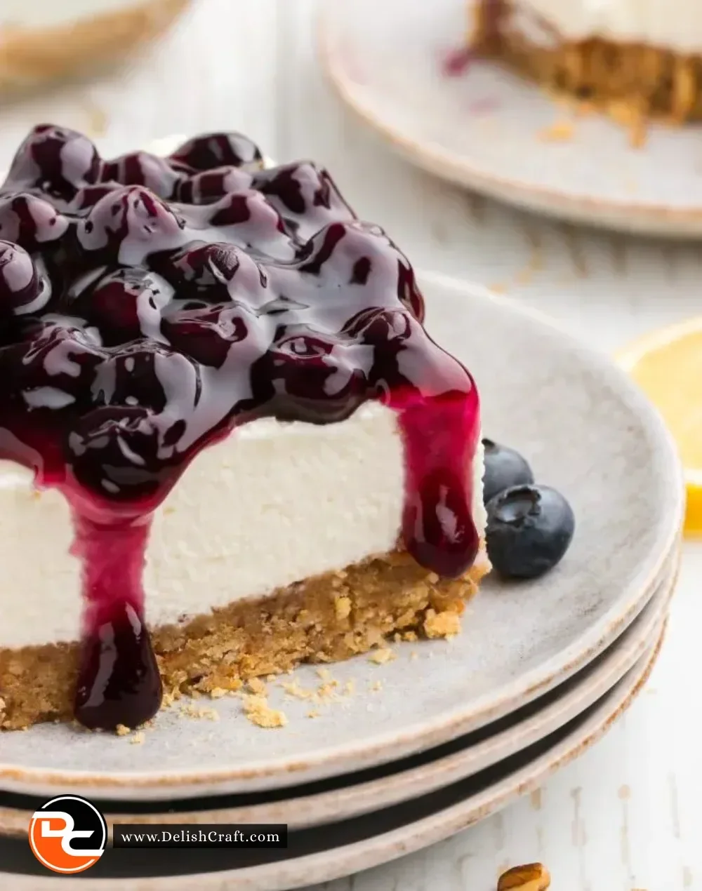 Delicious No Bake Blueberry Cheesecake topped with fresh blueberries